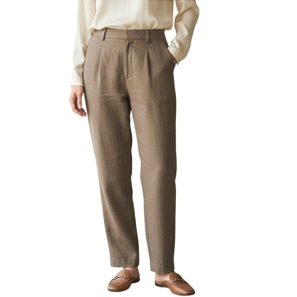 Taupe‎ Brown Linen Blend High Waisted Pleated Straight Leg Trousers Pants Sz 8